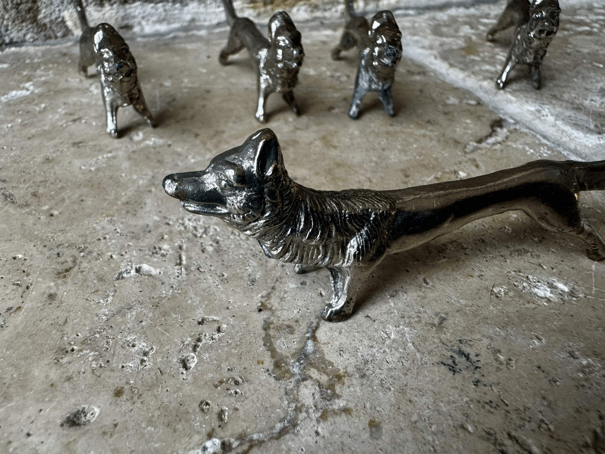 antique vintage french set silver plated knife rests rare figural wolf wolves