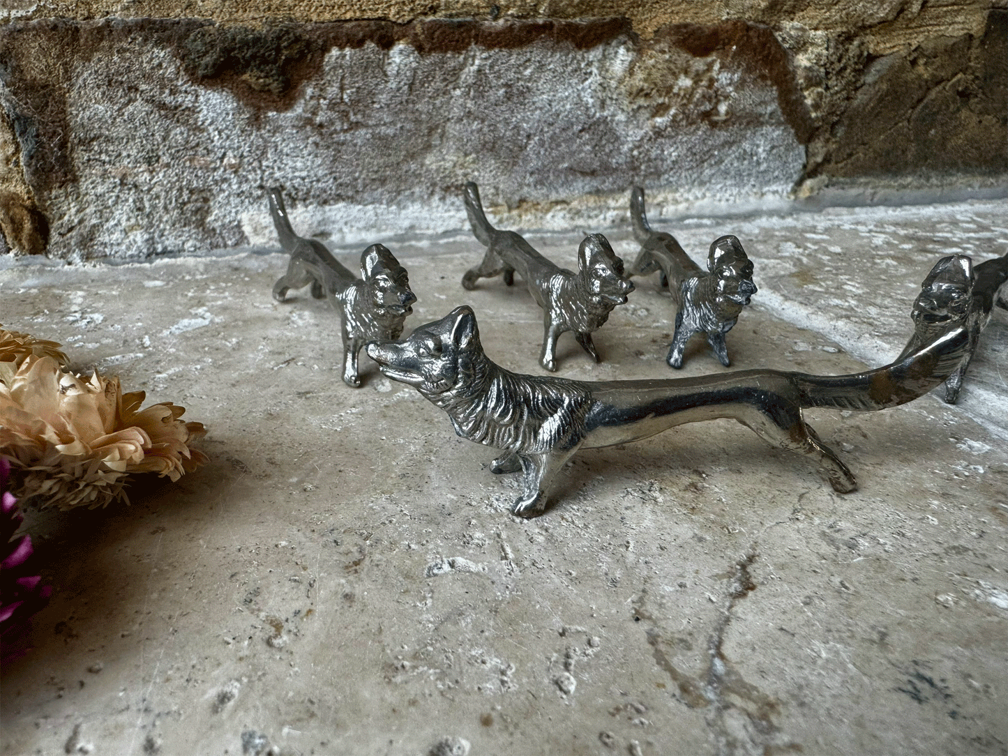 antique vintage french set silver plated knife rests rare figural wolf wolves