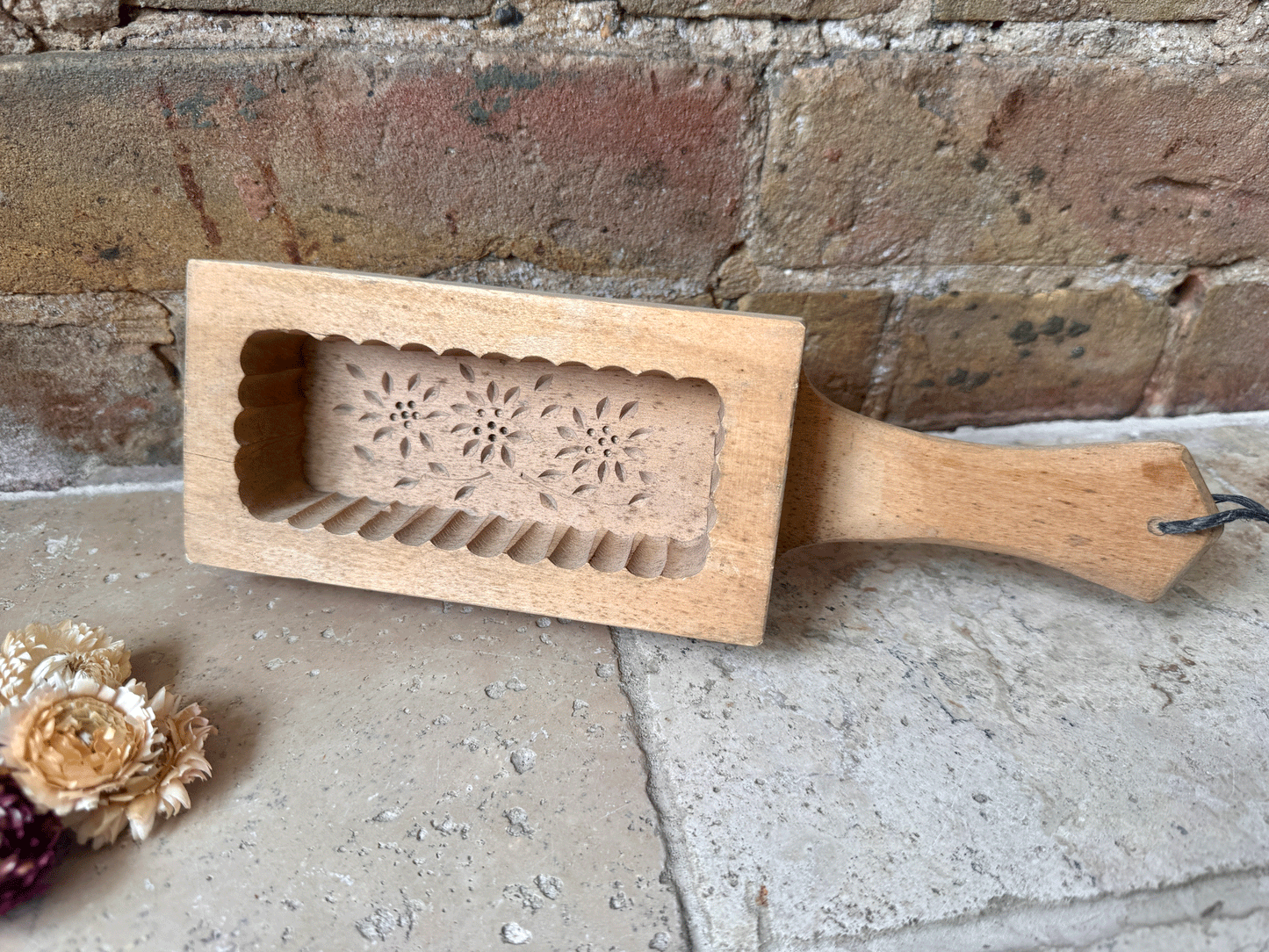 vintage french carved wooden butter brick stamp mould floral flowers foliage