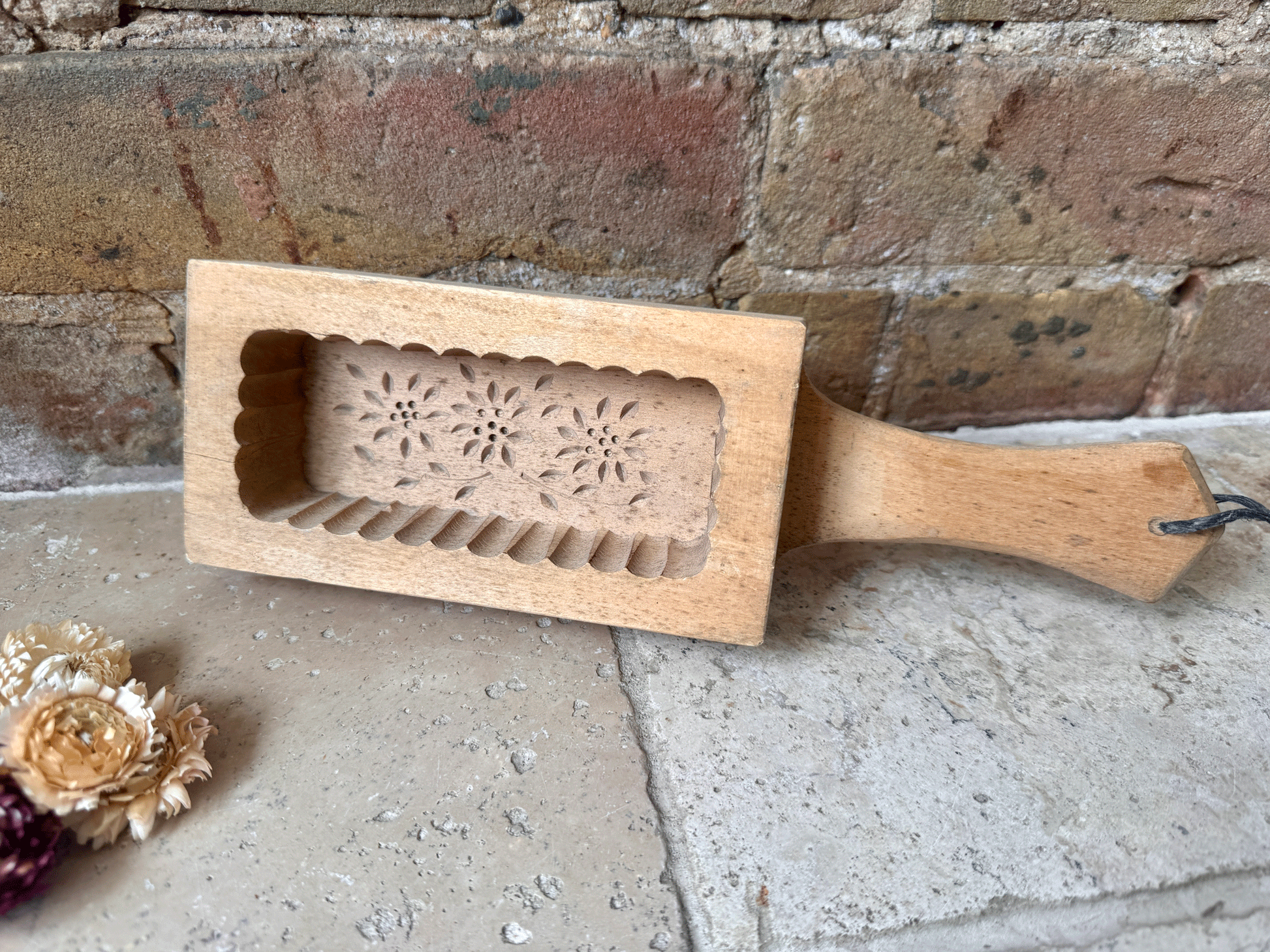 vintage french carved wooden butter brick stamp mould floral flowers foliage
