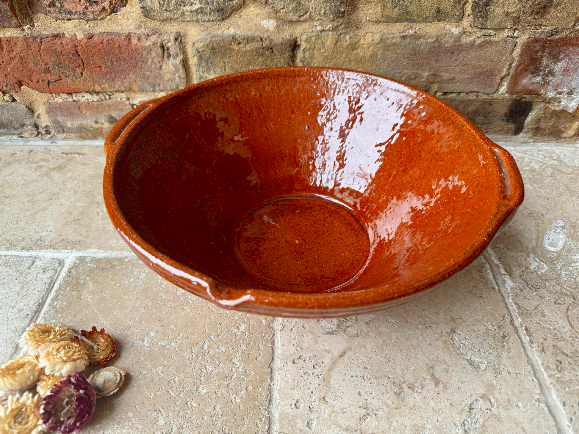 vintage french terracotta pancheon mixing dairy pan pouring lip glazed interior