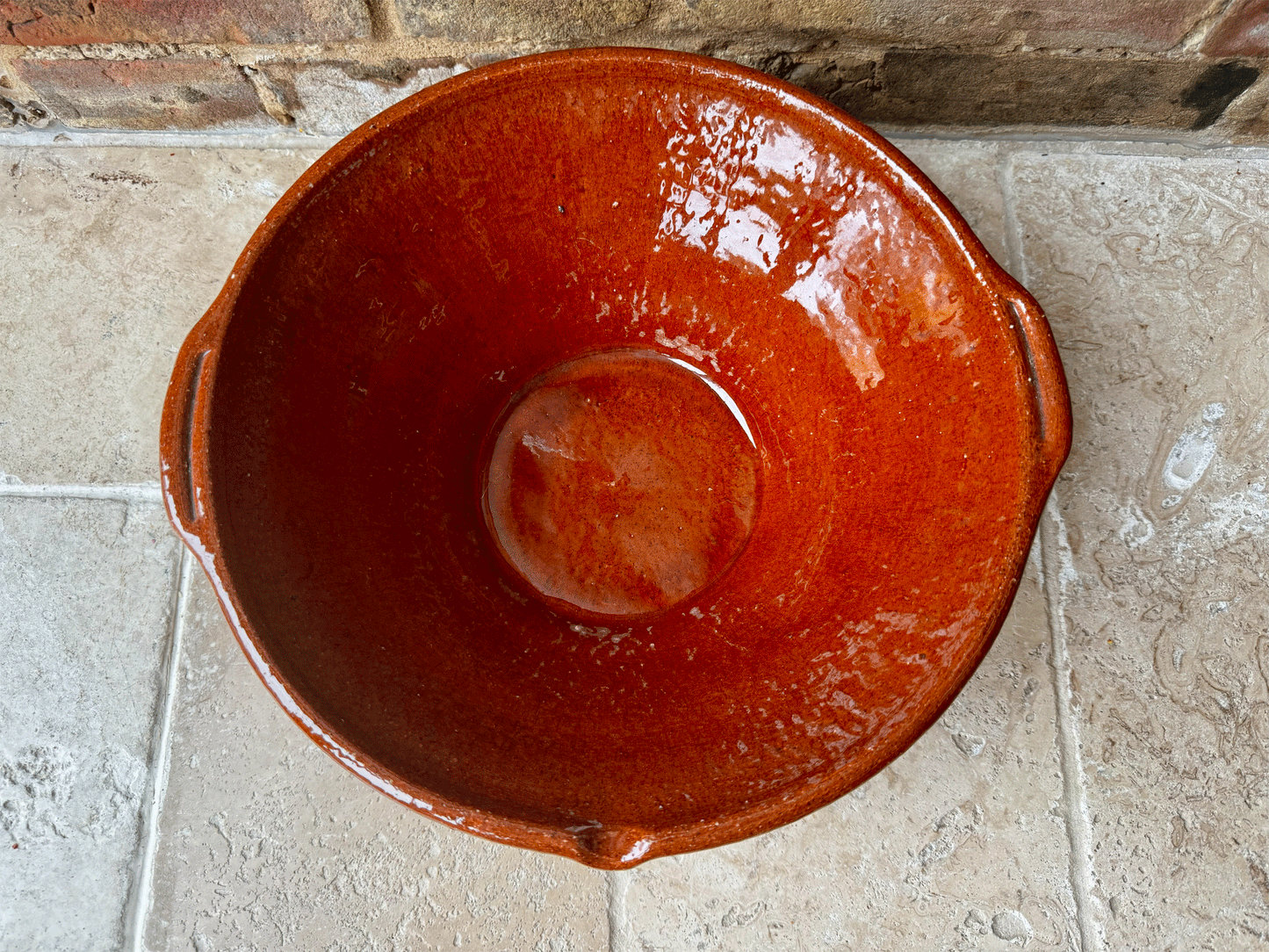 vintage french terracotta pancheon mixing dairy pan pouring lip glazed interior