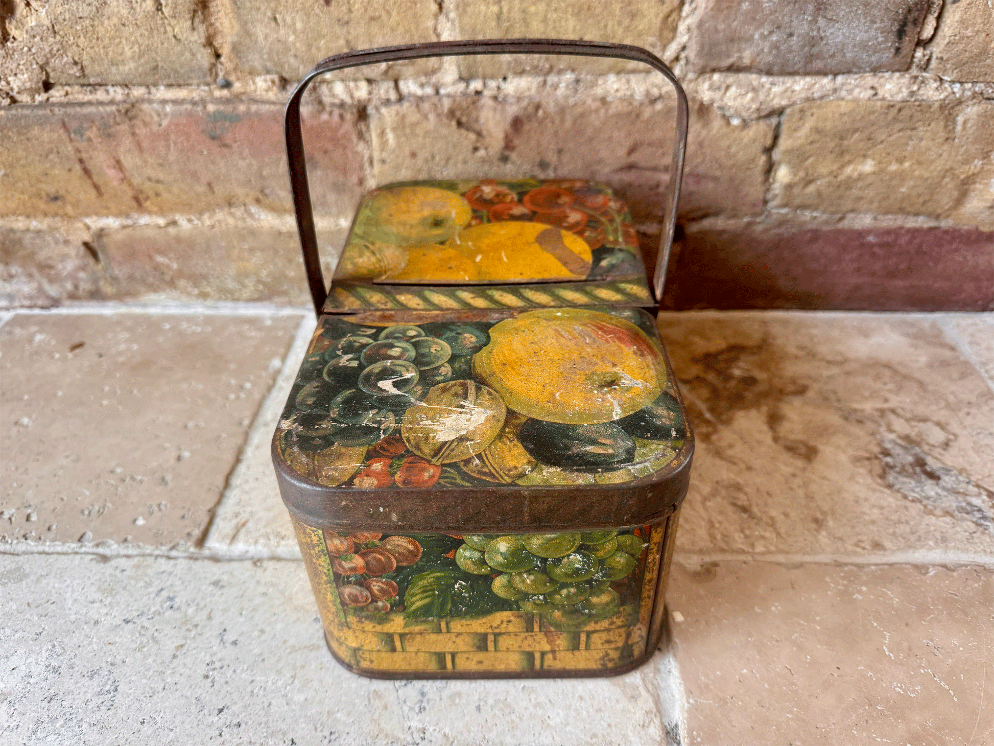 decorative antique vintage french biscuit tin picnic box fruit basket rustic decor