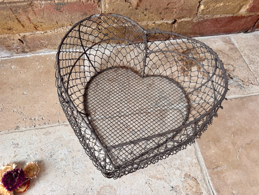 vintage french rustic large wirework heart shaped basket bowl