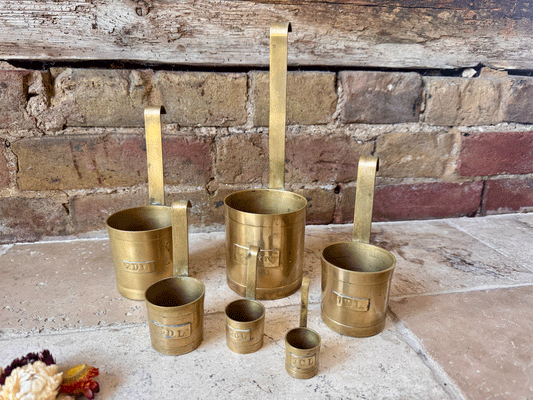 set six vintage french brass measures measuring cups ladles kitchenalia