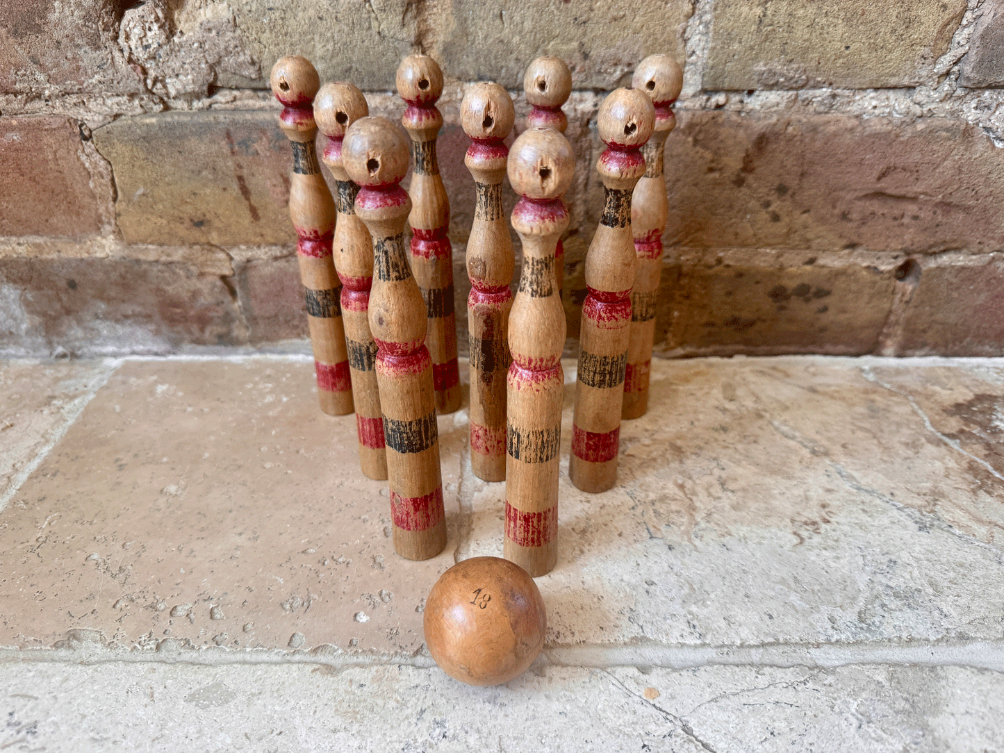 antique vintage french wooden skittle quilles set 9 treen ball parlour game