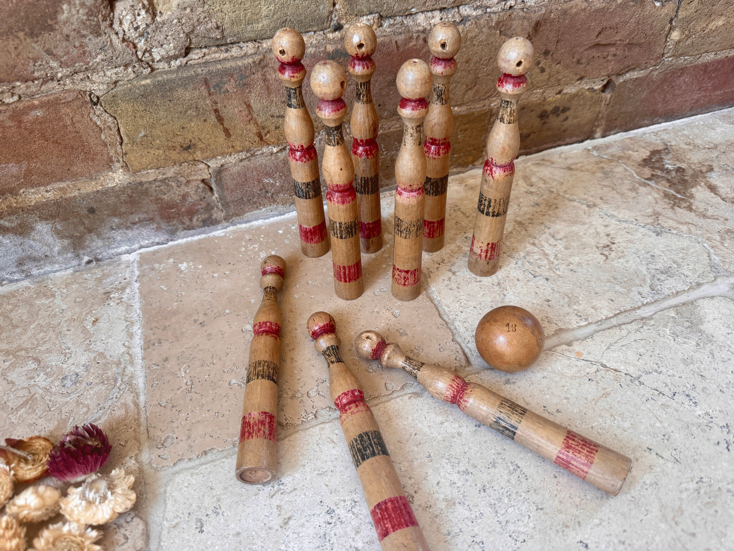 antique vintage french wooden skittle quilles set 9 treen ball parlour game