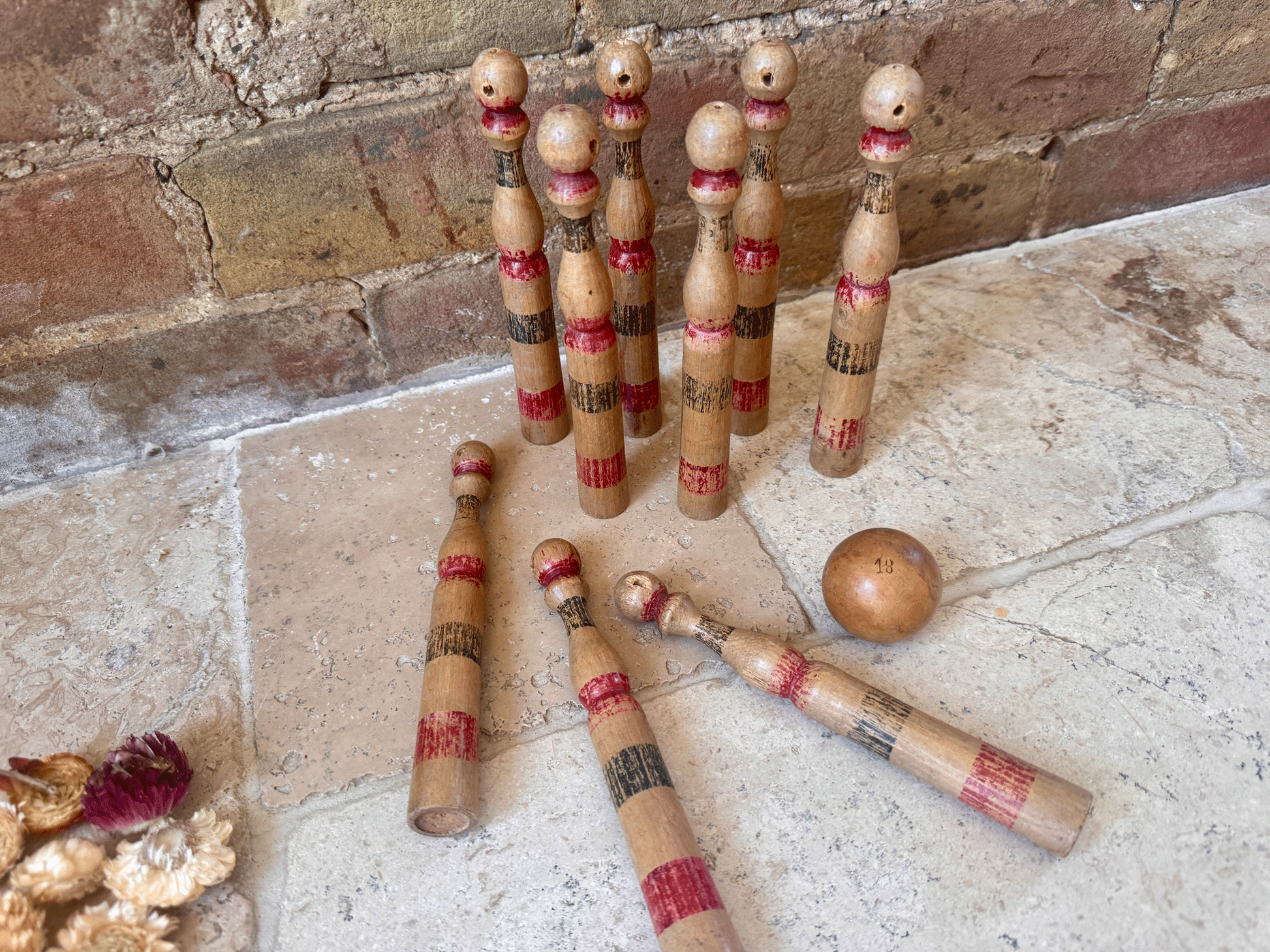 antique vintage french wooden skittle quilles set 9 treen ball parlour game