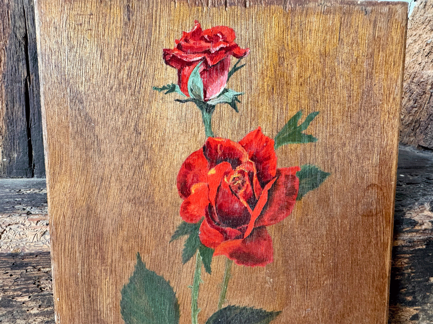 vintage french floral still life oil painting pink red roses climbing wooden panel board