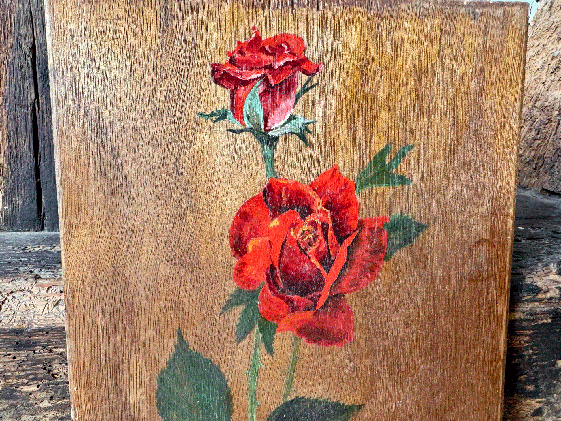 vintage french floral still life oil painting pink red roses climbing wooden panel board