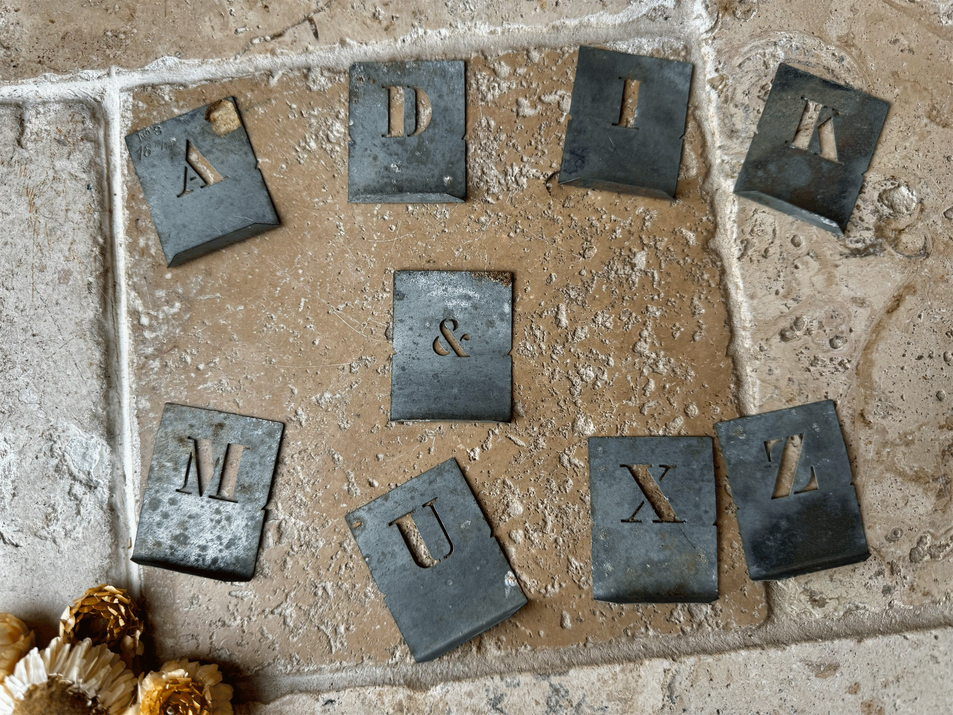 vintage french small tin stencil alphabet initial ampersand