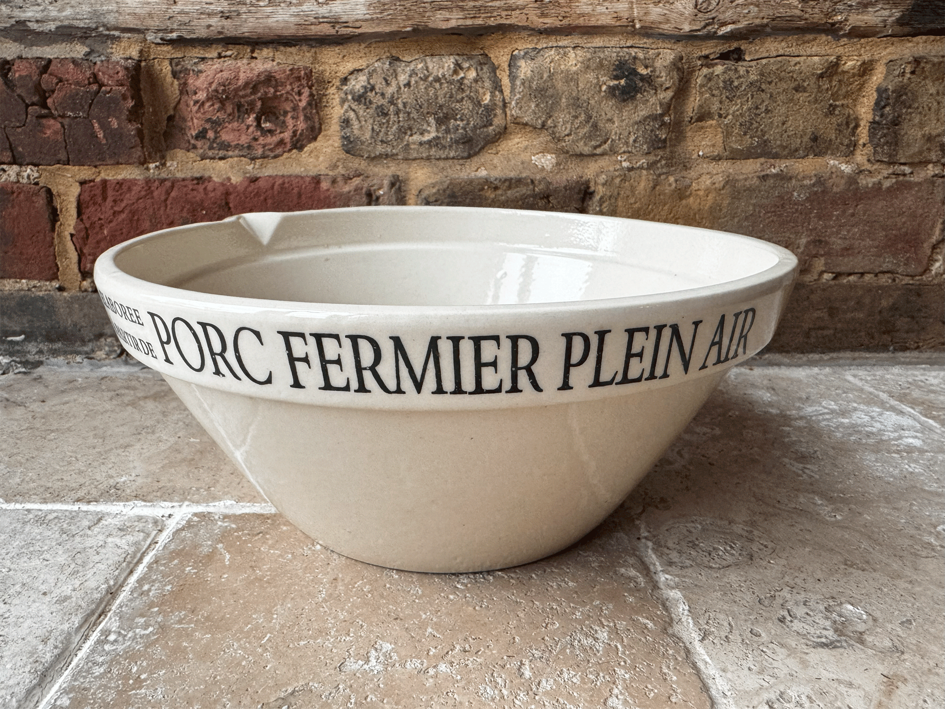 large vintage stoneware french butchers shop advertising promotional spouted mixing bowl charcuterieporc fermier plein air