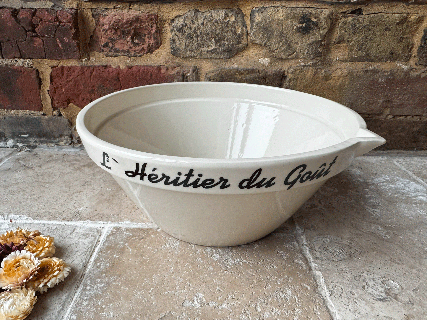large vintage stoneware french butchers shop advertising promotional spouted mixing bowl charcuterieporc fermier plein air