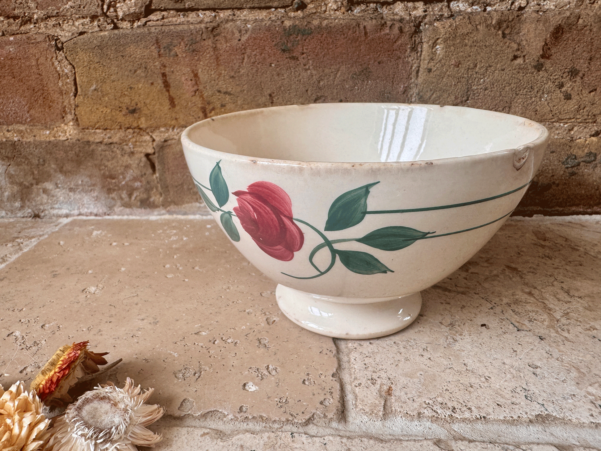 vintage french ironstone hand painted cafe au lait bowl stripes roses