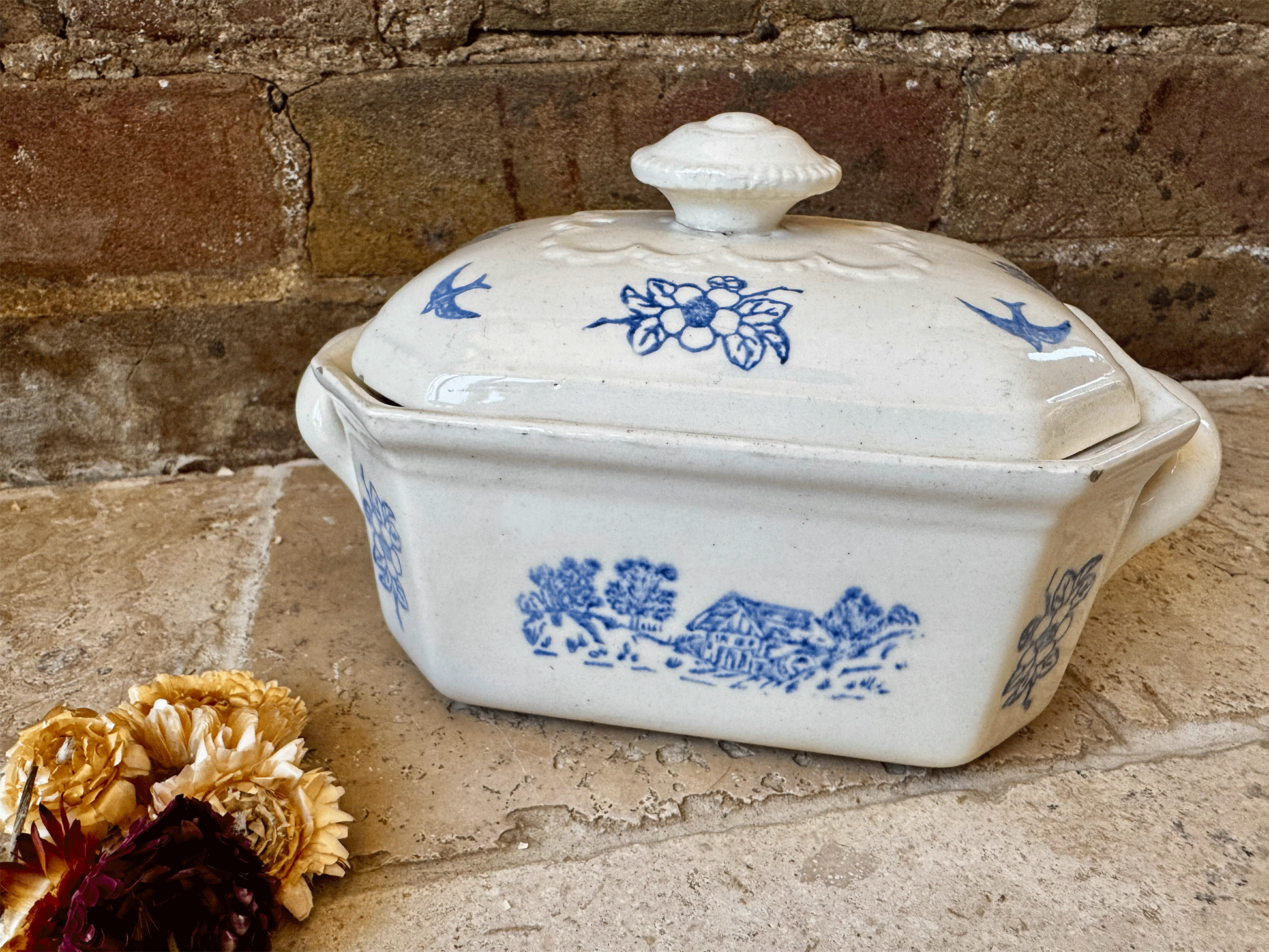 vintage french st uze butter dish floral country birds white blue transferware decoration