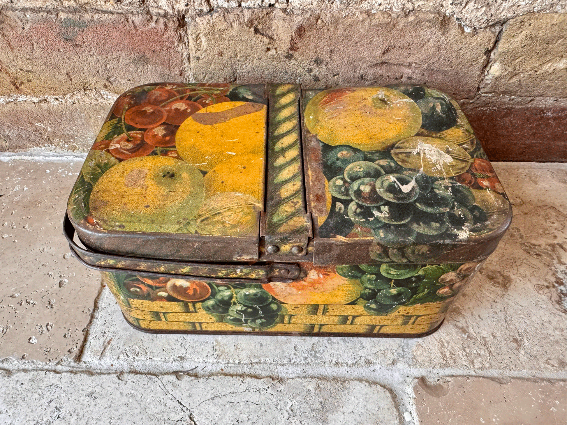 decorative antique vintage french biscuit tin picnic box fruit basket rustic decor