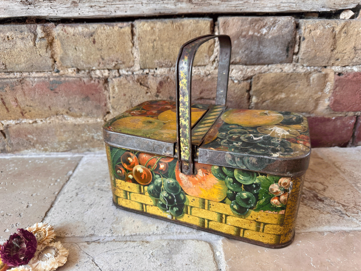decorative antique vintage french biscuit tin picnic box fruit basket rustic decor
