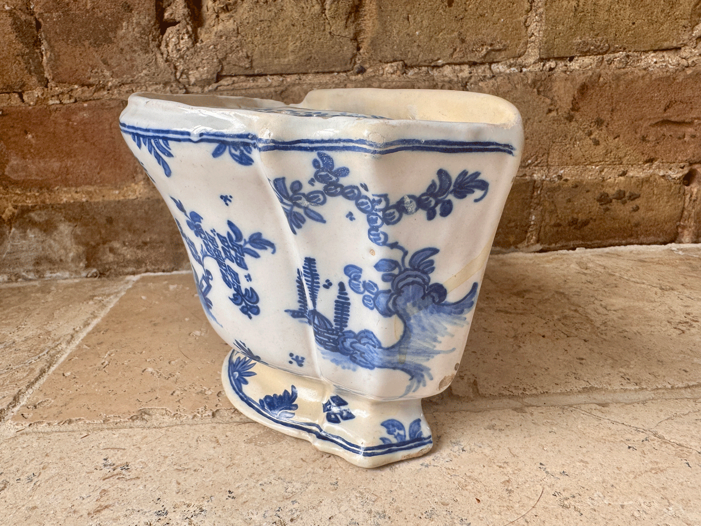 antique french rare blue white glazed flower frog display vase bouquetiere