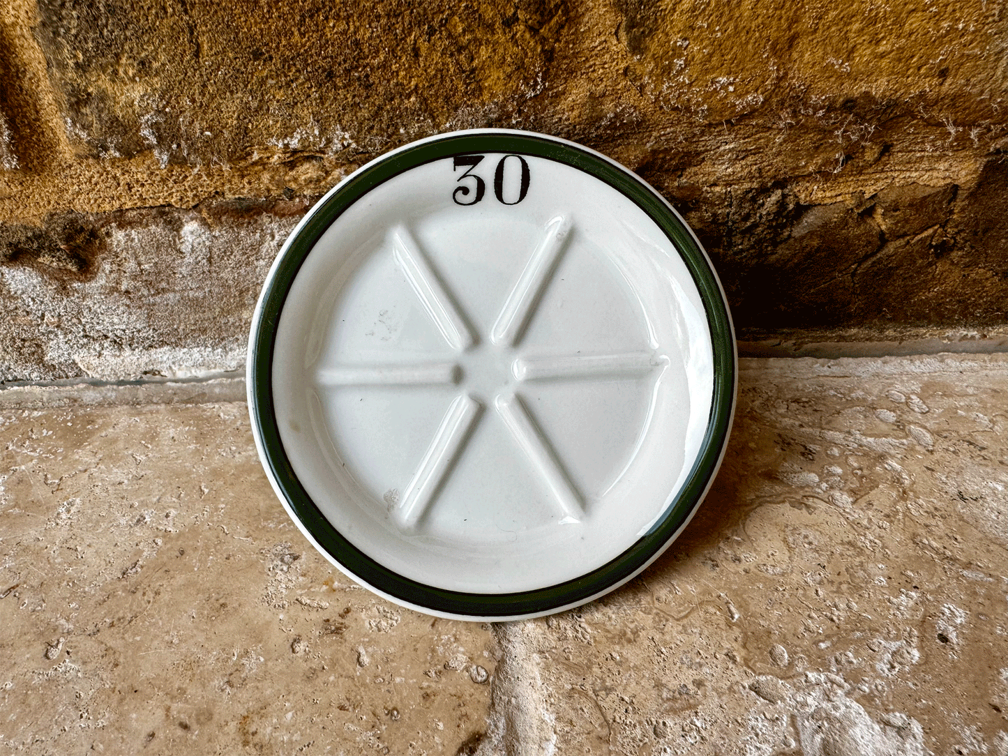 vintage french white ironstone cafe tip serving plate number 30 mehun green rim