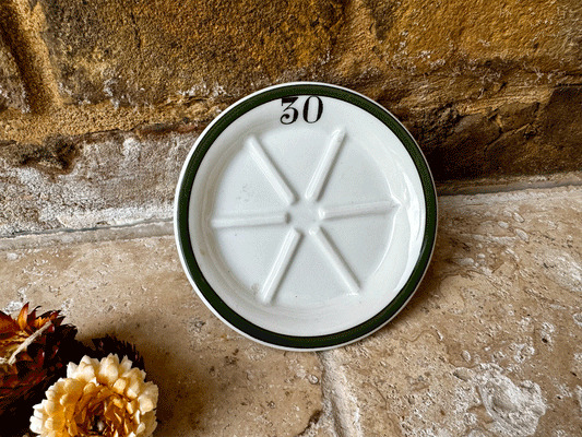 vintage french white ironstone cafe tip serving plate number 30 mehun green rim