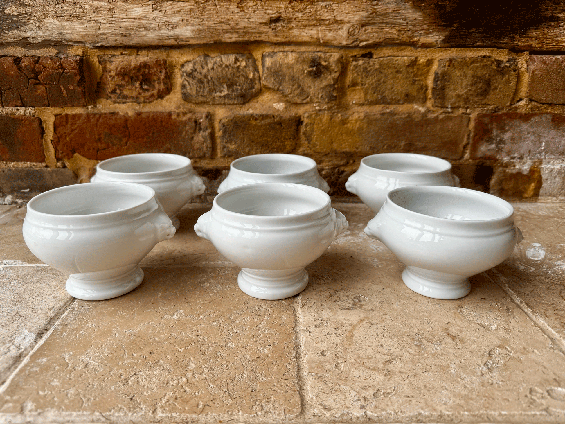 vintage french plain white ironstone soup bowl lion head handles