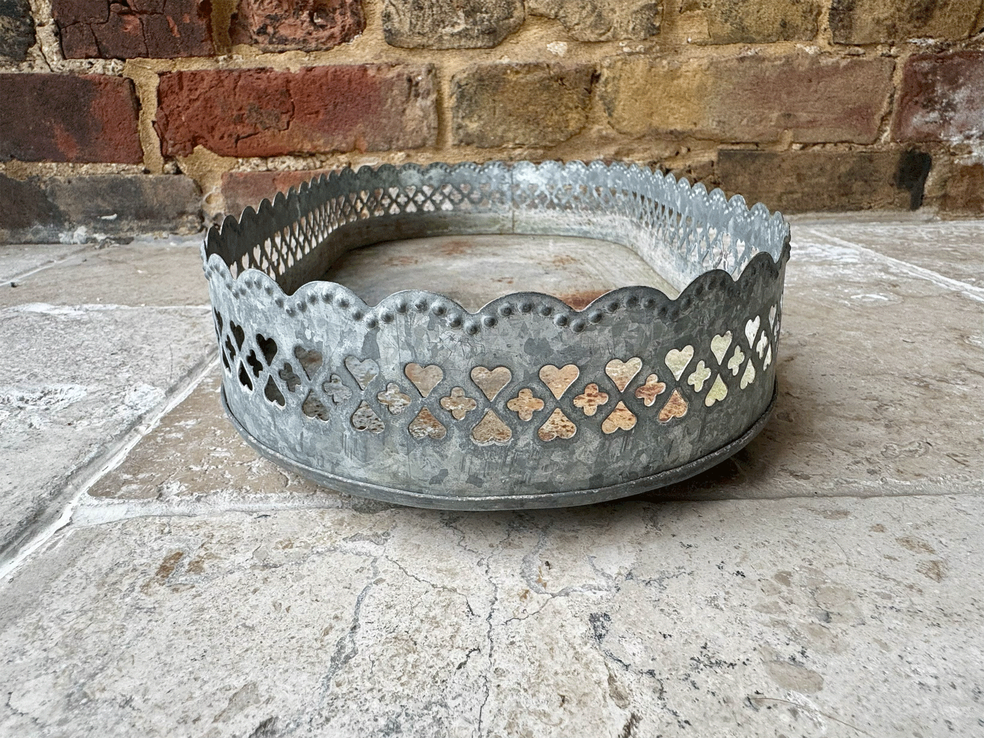 vintage french pretty rustic pierced metalwork display stand tray heart detail