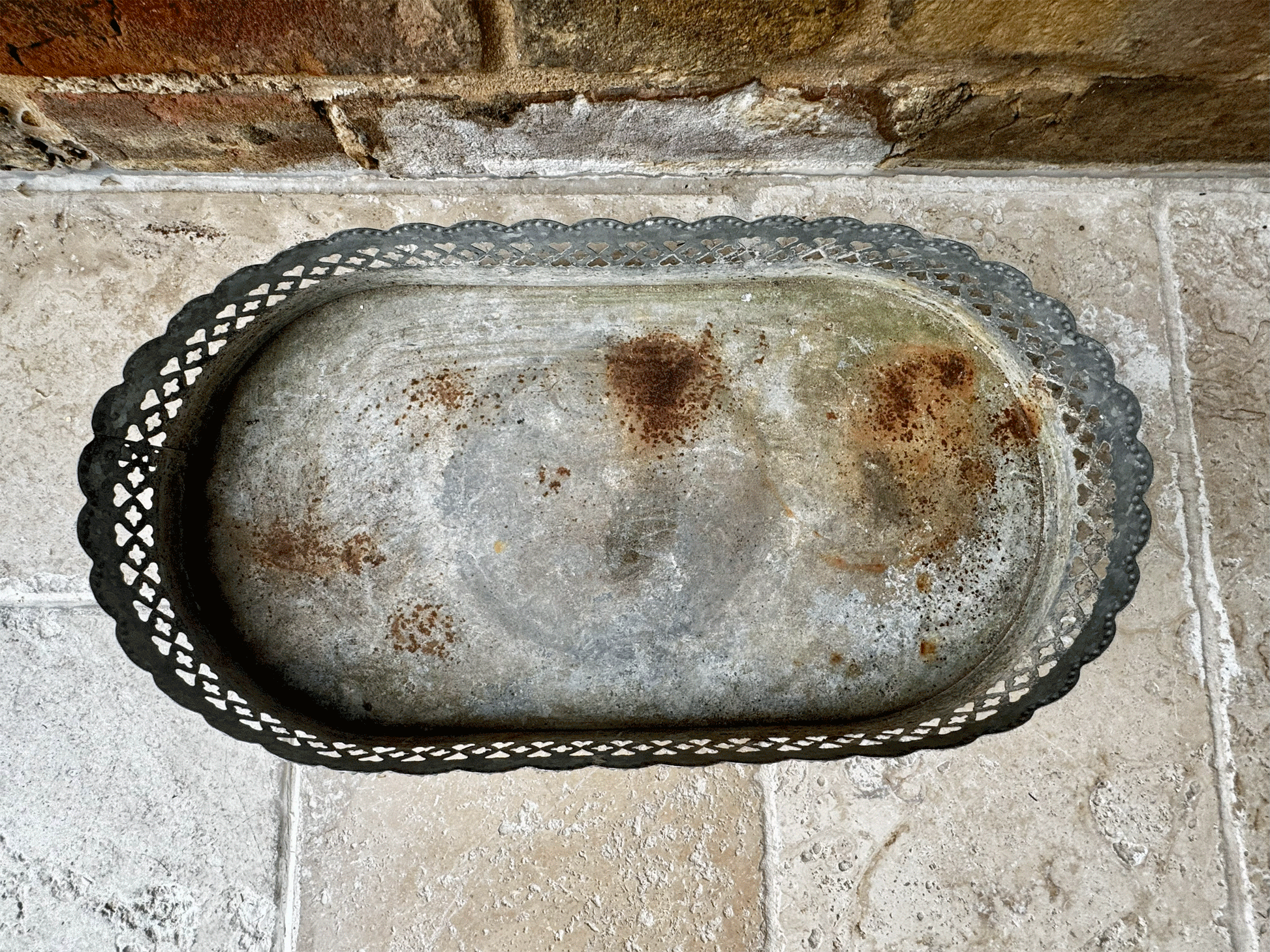 vintage french pretty rustic pierced metalwork display stand tray heart detail