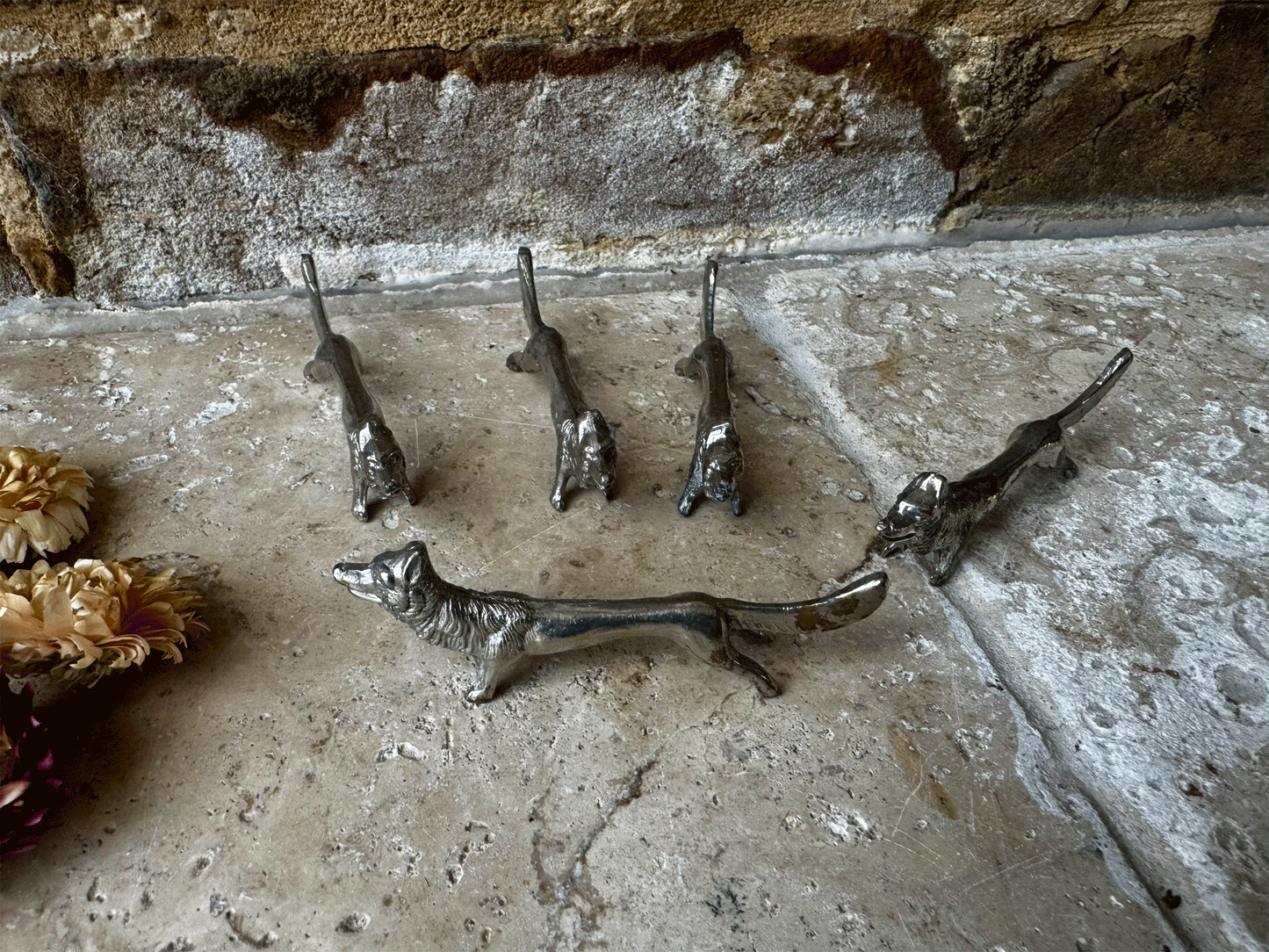 antique vintage french set silver plated knife rests rare figural wolf wolves