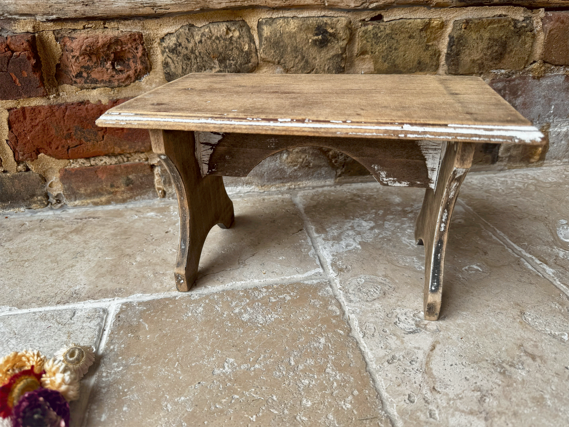 rustic vintage french wooden foot stool decoratove farmhouse interior accessory