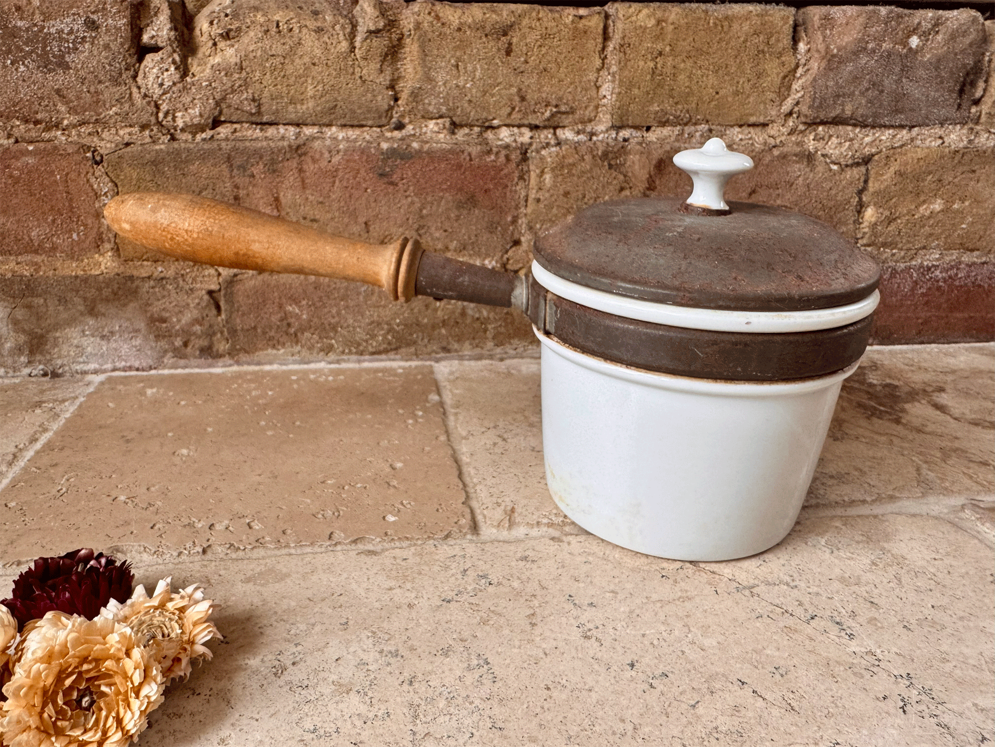 vintage german white ironstone milk warming pan original lid