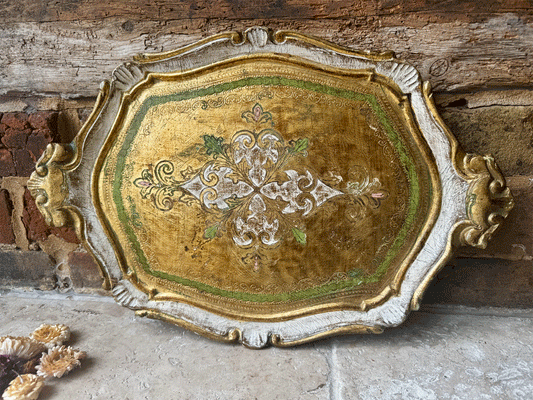 vintage italian large hand painted green gold pink florentine tray