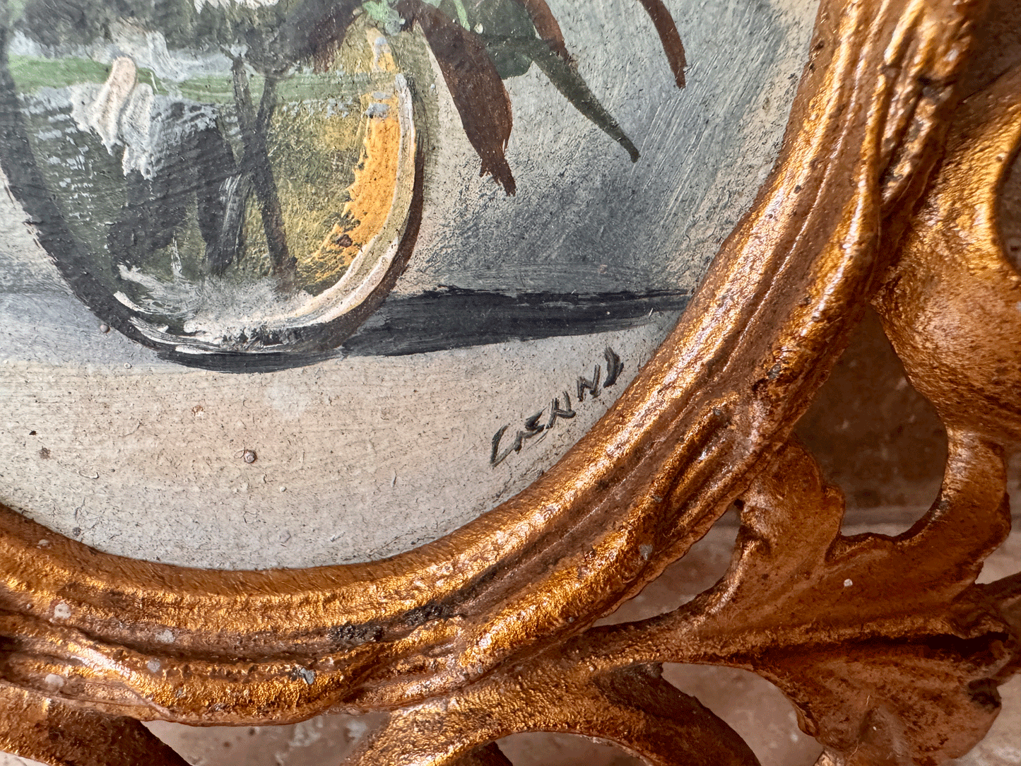 vintage italian still life floral bouquet vase signed oil painting gilded metal florentine frame