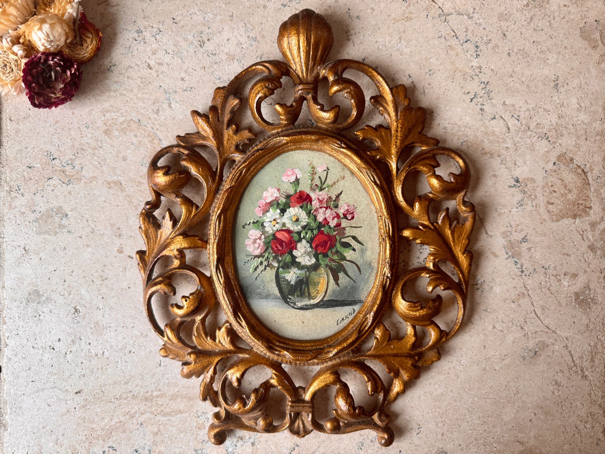 vintage italian still life floral bouquet vase signed oil painting gilded metal florentine frame