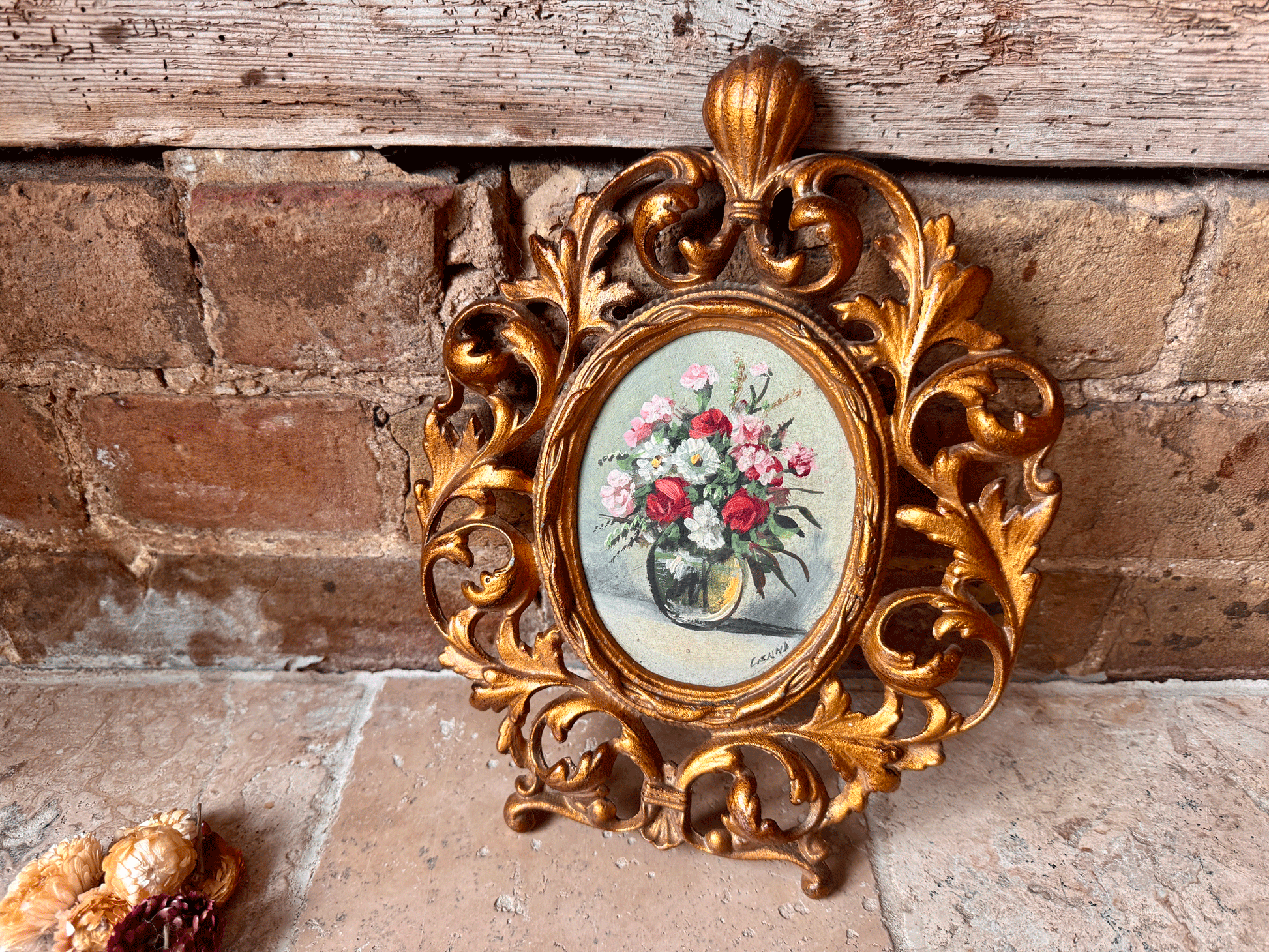 vintage italian still life floral bouquet vase signed oil painting gilded metal florentine frame