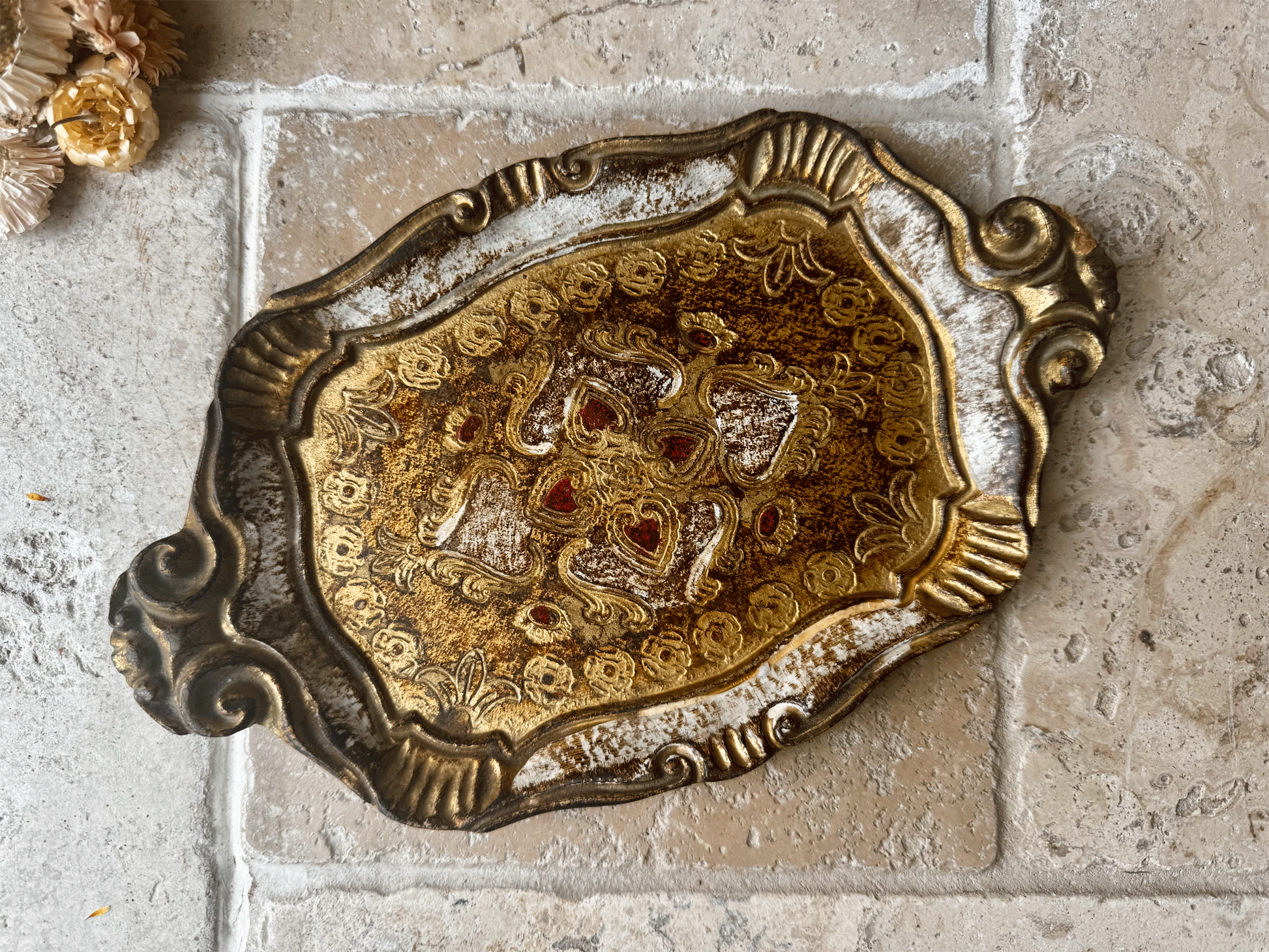 small vintage italian florentine tray gold red