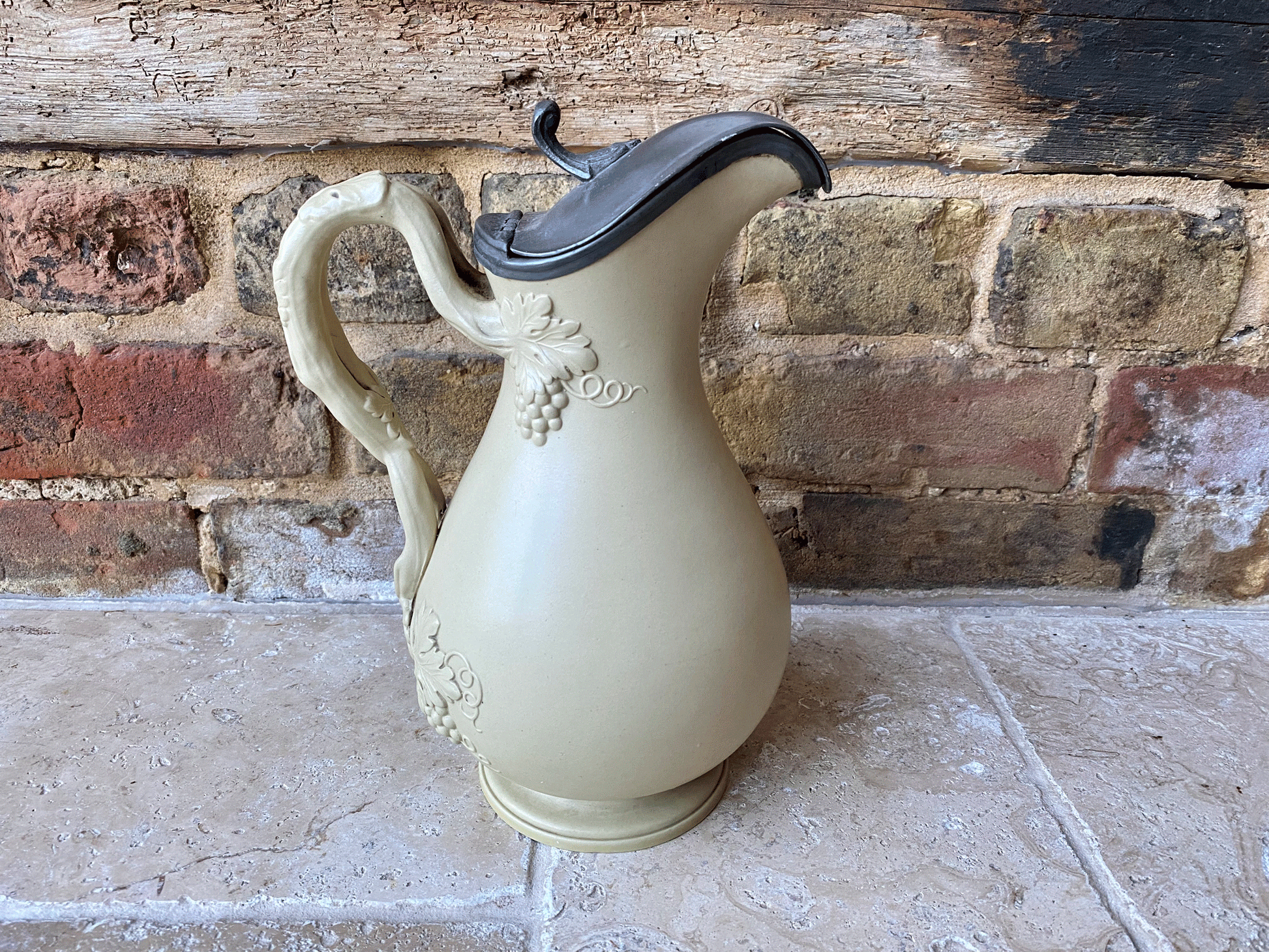 antique victorian salt glazed ceramic water syrup pitcher jug pewter lid