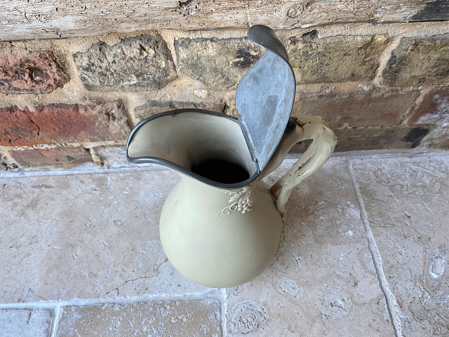 antique victorian salt glazed ceramic water syrup pitcher jug pewter lid