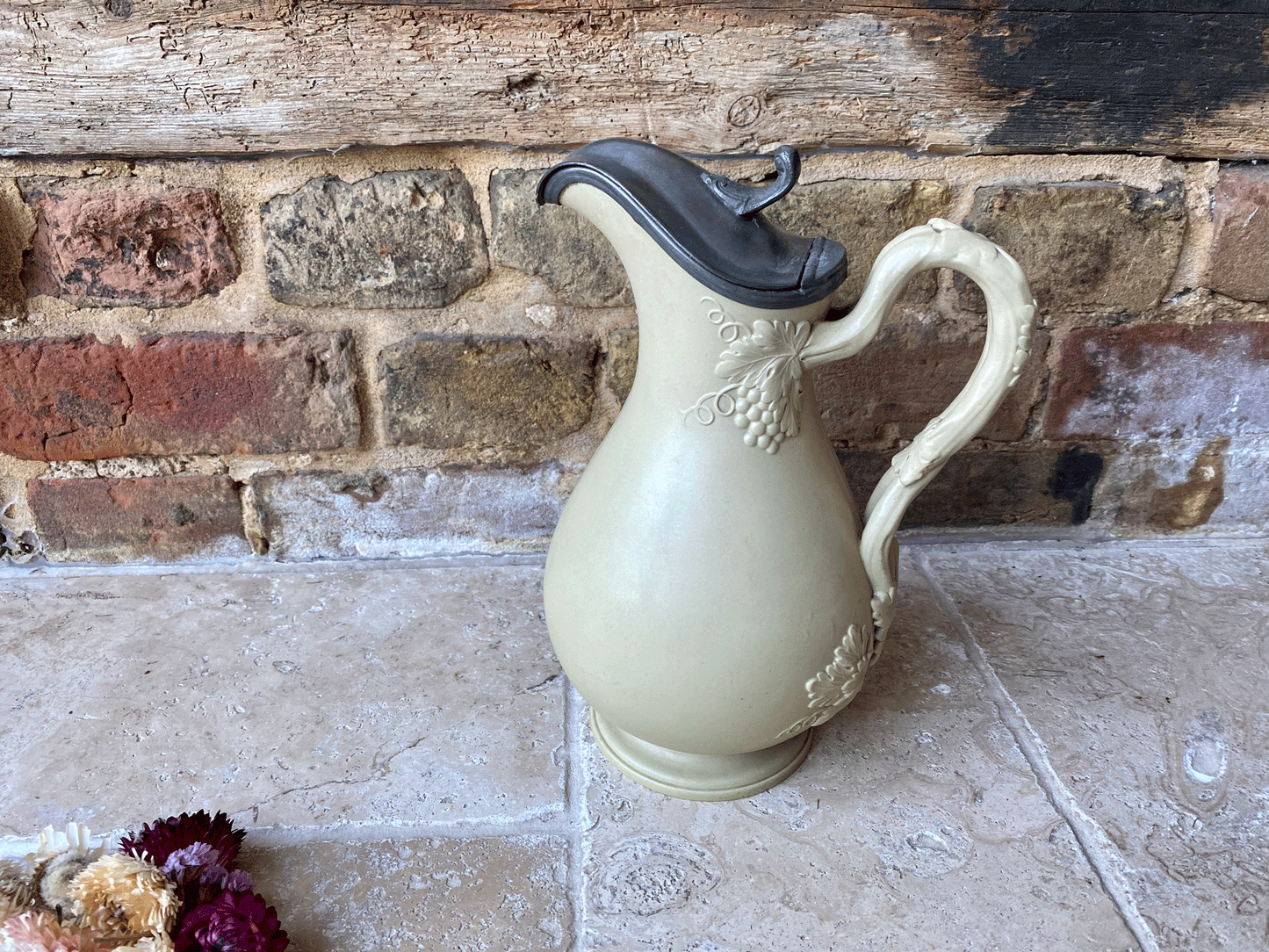 antique victorian salt glazed ceramic water syrup pitcher jug pewter lid