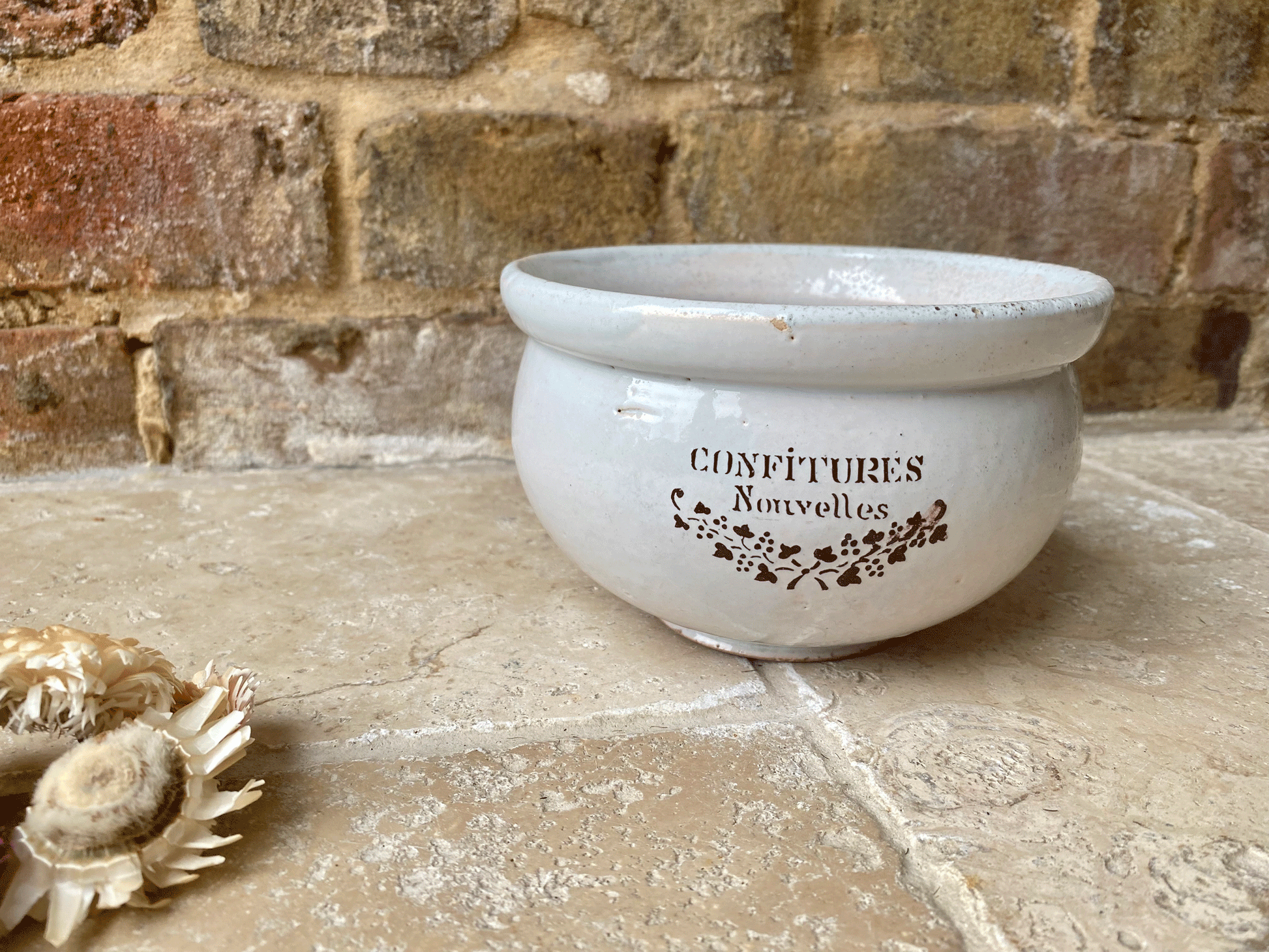 antique french stoneware confitures nouvelles advertising pot