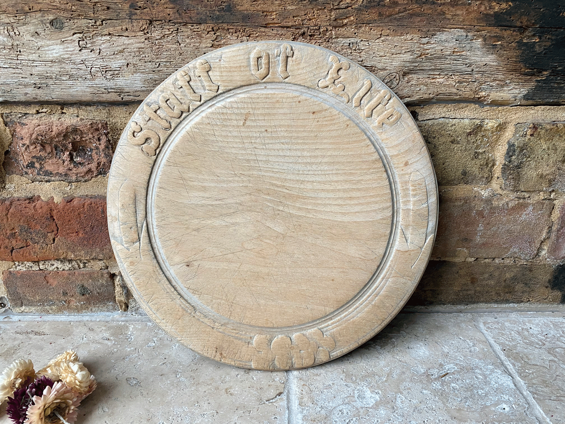 antique victorian carved english treen wooden bread board motto staff of life