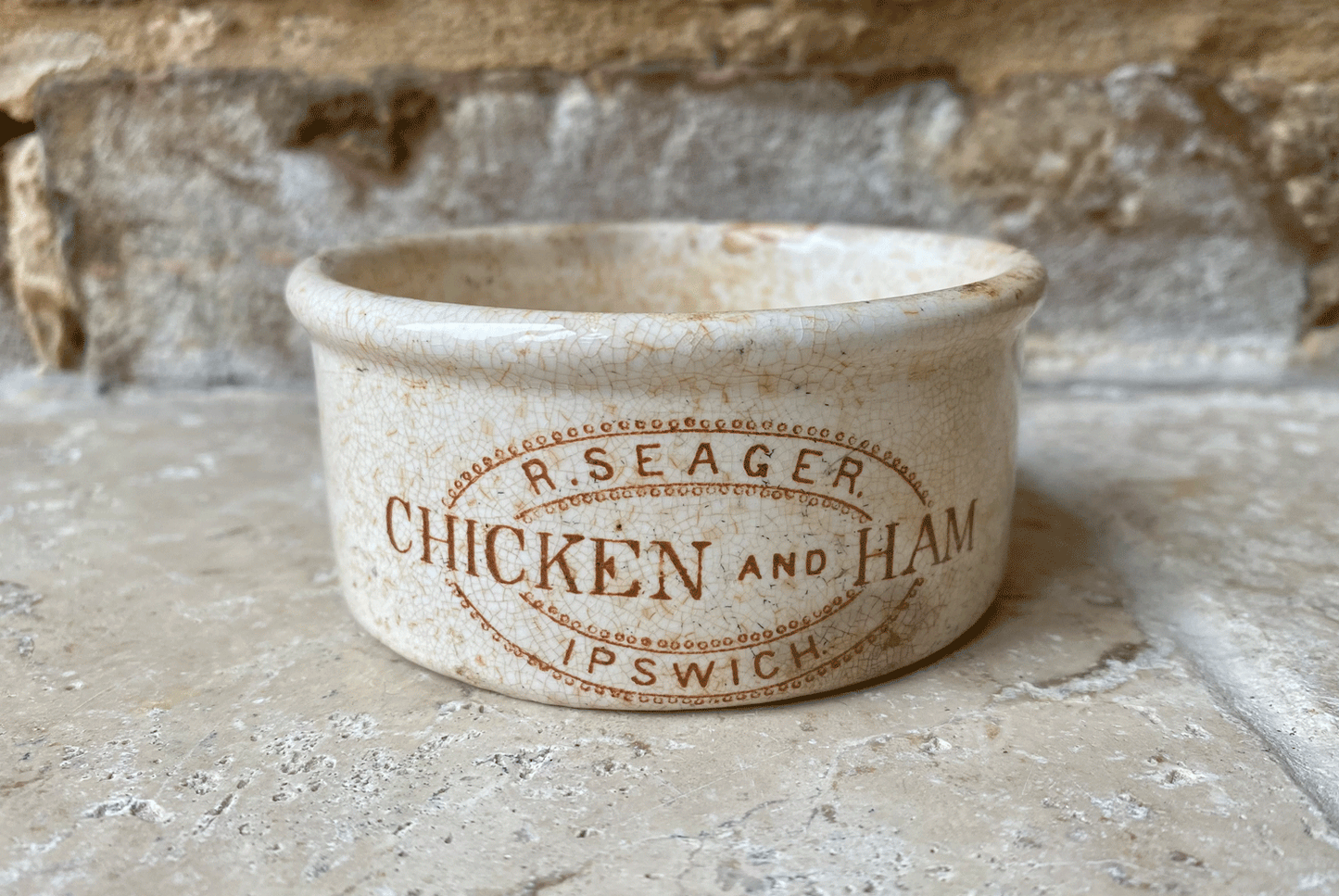 rare antique sepia transfer english victorian ironstone advertising pot seagers ipswich chicken ham paste