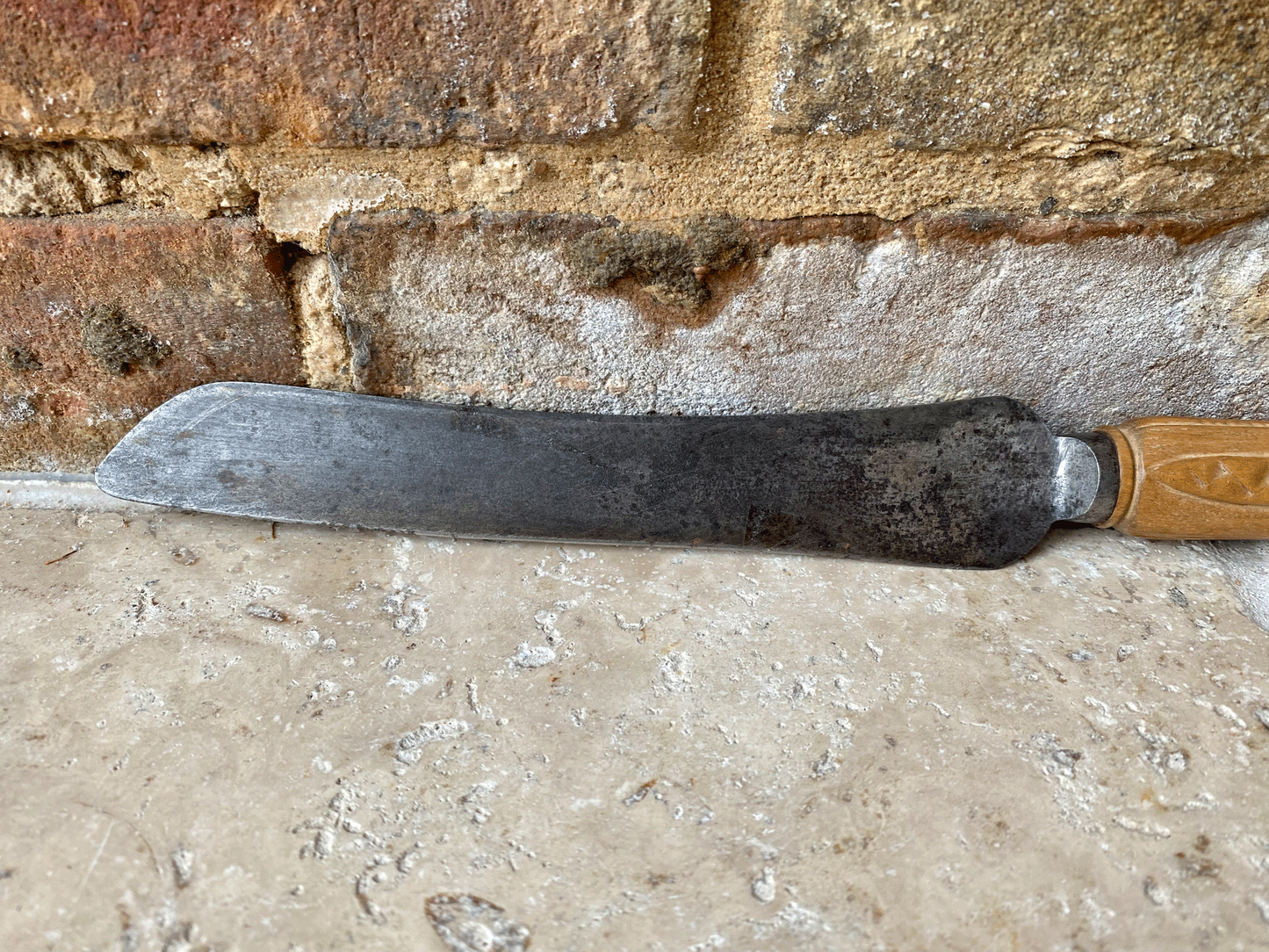 antique english deeply carved wooden treen bread knife slicer wheat rosette