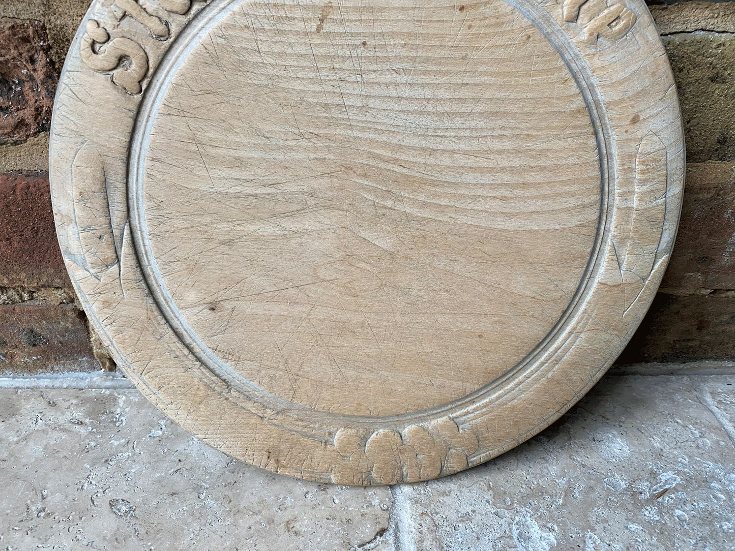 antique victorian carved english treen wooden bread board motto staff of life